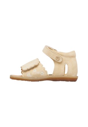 Sandalo beige per bambino con cinturino alla caviglia, bordi smerlati, ricamo floreale bianco e suola in gomma.