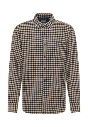 Geruite blouse in marineblauw en tan. Lange mouwen, knoopsluiting aan de voorkant, kraag en borstzak. Katoenen stof, ruitpatroon met kleine vierkantjes.