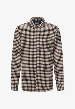 Cămașă în carouri de culoare bleumarin și bej. Mâneci lungi, închidere cu nasturi în față, guler și buzunar pe piept. Material din bumbac, model în rețea cu pătrățele mici.