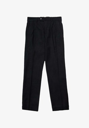 Pantaloni neri con una texture liscia, pieghe sul davanti e chiusura con bottoni. Progettati con gambe dritte per un aspetto sartoriale.