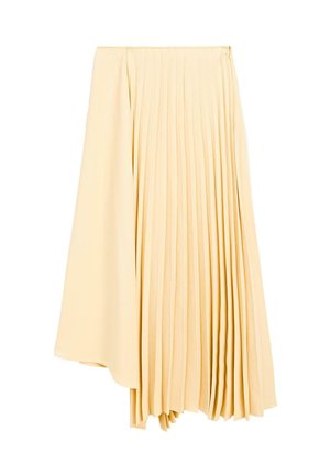 Gonna midi plissè in tessuto giallo chiaro, con vita alta, orlo asimmetrico e pieghe verticali su tutta la superficie per dare texture.