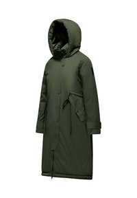 Parka verde lungo con cappuccio, dotata di vita regolabile con coulisse, chiusura con bottoni a pressione e tasche laterali. Realizzata in tessuto impermeabile e liscio.