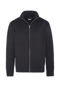 Sort zip-sweater lavet af struktureret strikstof, med høj krave og ribbede manchetter og kant for en tætsiddende pasform. Brandlabel synlig indeni.