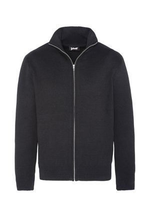 Schwarzer Reißverschluss-Pullover aus strukturiertem Strickstoff, mit hohem Kragen und gerippten Bündchen sowie Saum für eine enge Passform. Markenlabel innen sichtbar.