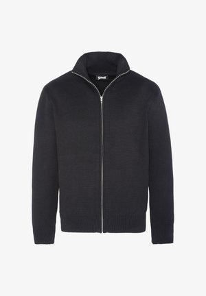 Schwarzer Reißverschluss-Pullover aus strukturiertem Strickstoff, mit hohem Kragen und gerippten Bündchen sowie Saum für eine enge Passform. Markenlabel innen sichtbar.