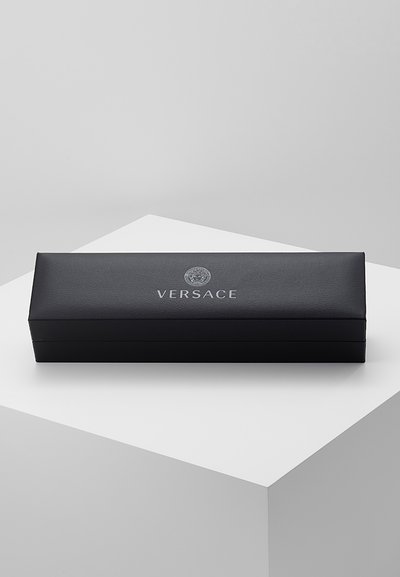 Black leather rectangular box with a textured finish, featuring a silver Versace logo centered on the lid. Simple, elegant design.