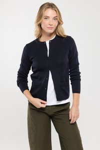 Marineblauwe cardigan met lange mouwen, geribde kraag en manchetten, met een knoopsluiting en twee voorzakken.