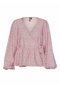 Blusa floreale rosa con maniche lunghe a sbuffo, scollatura a V, vita arricciata, realizzata in tessuto leggero con piccoli motivi di fiori rossi e verdi.