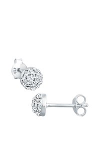 Boucles d'oreilles en argent avec un design circulaire, ornées de plusieurs strass transparents disposés pour scintiller. Arrière en métal lisse et tige.