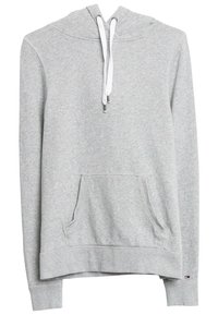 Šedá bavlněná mikina s kapucí na stažení, vpředu s klokankou a ribbaným zakončením rukávů a dolního lemu. Obsahuje minimalistické logo na lemu.