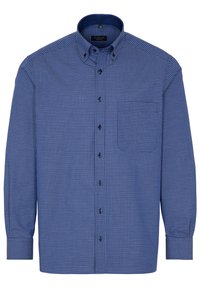 Chemise à carreaux bleus à manches longues avec col boutonné, dotée d'une poche poitrine et de boutons noirs, en tissu tissé.