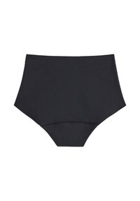 Svart bikiniunderdel med hög midja, tillverkad av ett mjukt tyg. Har en ren design och sömlösa kanter för en minimalistisk look.