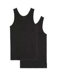 Dos camisetas de tirantes negras de algodón, con un diseño clásico que presenta tirantes anchos y una textura suave. Sin patrones ni acentos.