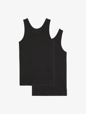 Twee zwarte tanktops van katoen, met een klassiek ontwerp, brede schouderbanden en een zachte textuur. Geen patronen of accenten.