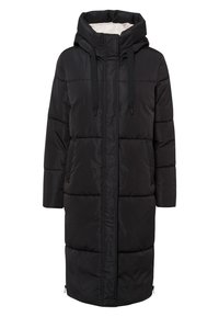 Abrigo acolchado negro con capucha, con cierre delantero, mangas largas, dos bolsillos frontales y una textura suave.