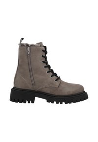 Grijze suède enkellaars met nepbontafwerking, zwarte veters en een zijrits. Dikke rubberen zool met een robuuste textuur en patroonprofiel.