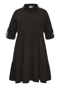 Schwarzes Hemdkleid aus Baumwolle mit einem Kragen, Knopfleiste, drei Viertel-Ärmeln mit umgeschlagenen Bündchen und einem gestuften Rockdesign.
