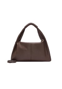 Brązowa skórzana torebka o gładkiej teksturze, dużym kształcie korpusu i miękkim, zaokrąglonym uchwycie. Zawiera odpinany pasek na ramię.