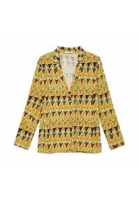 La giacca con bottoni presenta un motivo geometrico ondulato in tonalità di giallo, verde, marrone e arancione. Realizzata in tessuto morbido, ha un colletto e maniche lunghe.