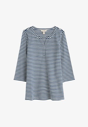 Modré a biele horizontálne pruhované tričko s dlhým rukávom, okrúhlym výstrihom s rozparkom a pohodlným strihom.