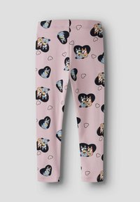 Paarse legging met een patroon van cartoondieren in zwarte harten, gemaakt van rekbare stof met een aansluitend ontwerp.