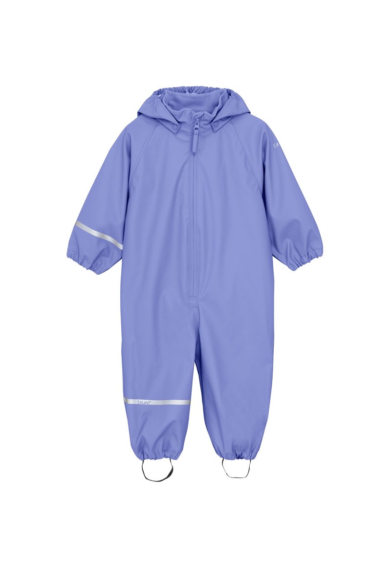 Lila vattentät overall med dragkedja framtill, elastiska ärmslut och reflexband. Inkluderar en huva och fotremmar för bättre passform och komfort.