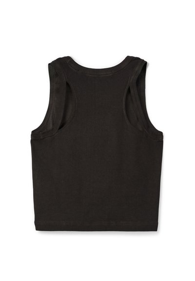 Débardeur court noir sans manches posé à plat, avec un col rond et de larges bretelles, vu de dos.