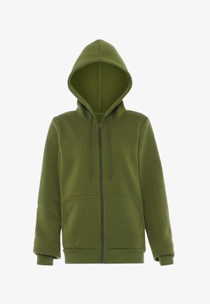 Olive green zip-up hoodie with a drawstring hood, front pockets, and ribbed cuffs. Made of soft, thick terry fabric.