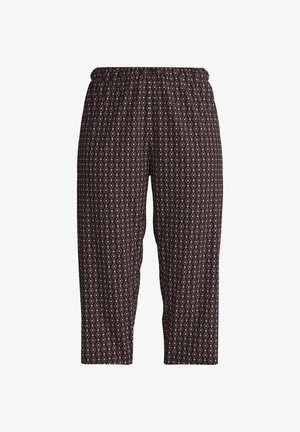 Bruine broek met een patroon en een elastische tailleband, met een diamantontwerp in roze en wit. Lichtgewicht stof met een relaxte pasvorm.