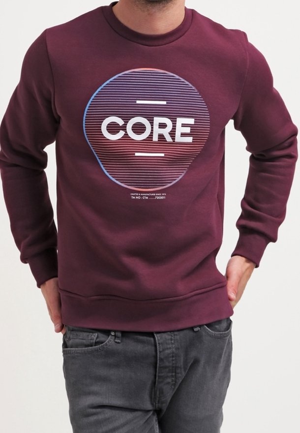 Sudadera burdeos con un diseño gráfico redondo que presenta líneas concéntricas y la palabra "CORE" en blanco. Textura suave, estilo cuello redondo.