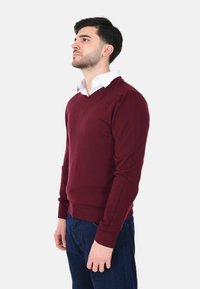 Uomo in piedi di lato che indossa una camicia bianca con colletto sotto un maglione bordeaux a V e jeans blu scuro, su uno sfondo bianco uniforme.