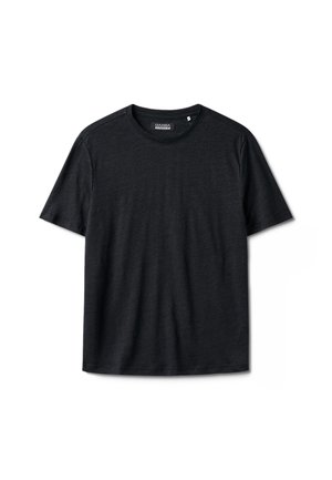 Black short-sleeve T-shirt with a round neck, made from soft fabric, featuring a smooth texture and minimalistic design without patterns.
