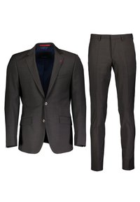 Dunkelgrauer Anzug mit einem taillierten Blazer mit Revers und zwei Fronttaschen, kombiniert mit schmal geschnittenen Hosen. Glatte Stoffstruktur.