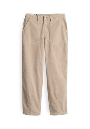 Beige corduroy pants with front patch pockets and belt loops, button closure, and straight-leg fit on a white background.