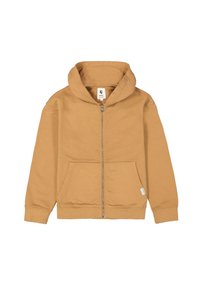 Sudadera con cremallera de color beige hecha de un tejido suave, con una capucha amplia, bolsillos frontales y una etiqueta en el lado inferior izquierdo. Textura suave.