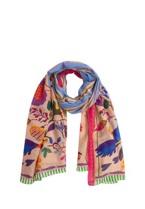 Lichtroze sjaal met kleurrijke bloemen- en vogelpatronen, blauwe en groene gestreepte randen, en een opgerolde blauw-beige gestreepte sectie.