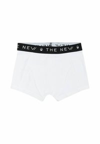Boxer-briefs en coton blanc avec une ceinture élastique noire portant le texte "THE NEW". Le design comprend des poches latérales et un devant sans coutures.