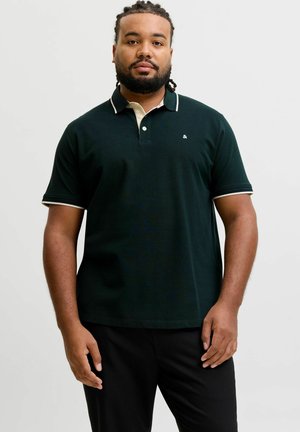 Mann mit geflochtenem Haar und Bart trägt ein dunkelgrünes Poloshirt mit hellem Besatz und schwarze Hose, steht vor hellem Hintergrund.