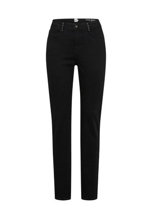 Schwarze Jeans aus Denim mit schlanker Passform, hoher Taille und Fünf-Taschen-Design. Mit metallischen Knopfdetails und einer glatten Textur ausgestattet.