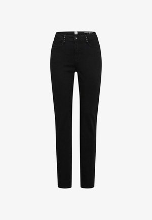 Zwarte spijkerbroek van denim met een slim fit, hoge taille en vijf-pocketdesign. Bevat metalen knoopaccenten en heeft een gladde textuur.