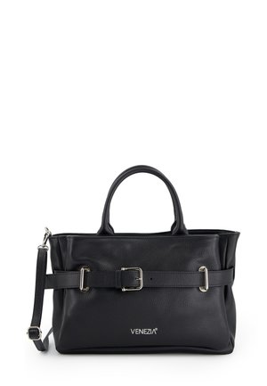 Black leather handbag with a textured finish, two handles, an adjustable shoulder strap, and a buckle accent on the front. Features the brand name “VENEZIA.”