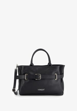 Schwarze Leder-Handtasche mit strukturierter Oberfläche, zwei Griffen, einem verstellbaren Schultergurt und einer Schnallenakzentuierung an der Vorderseite. Mit dem Markennamen "VENEZIA".