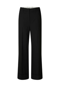 Zwarte wijde broek met een soepele stof, een op maat gemaakte tailleband en scherpe plooien. De boorden zijn netjes omgevouwen zonder zichtbare hardware.
