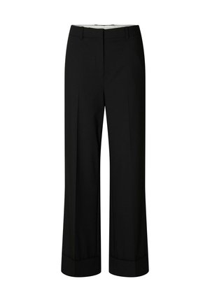 Zwarte wijde broek met een soepele stof, een op maat gemaakte tailleband en scherpe plooien. De boorden zijn netjes omgevouwen zonder zichtbare hardware.