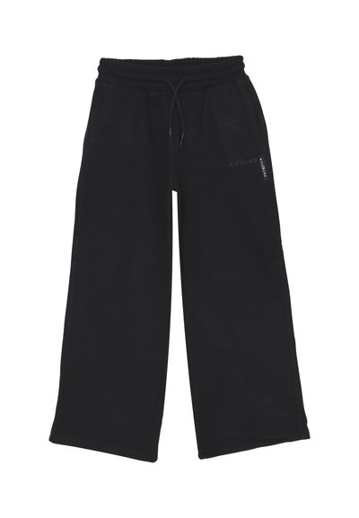 Pantaloni jogger neri a gamba larga con vita elasticizzata, cordino, tasche laterali e piccolo logo "Richmond" sulla coscia destra.