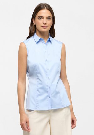 Light blue sleeveless blouse with a collared neckline and buttons down the front. Fitted design with smooth fabric texture.