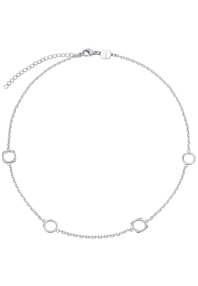 Collana d'argento con forme geometriche alternate rotonde e square, caratterizzata da una delicata catena e un gancio a moschettone per la chiusura.