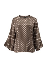 Blusa di seta marrone con pois bianchi, scollatura tonda e maniche a campana. Texture liscia, motivo elegante e vestibilità comoda.