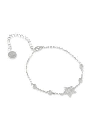 Bracciale a catena d'argento con piccoli cristalli rotondi e un ciondolo a forma di stella incastonato con minuscoli cristalli, dotato di una chiusura regolabile.