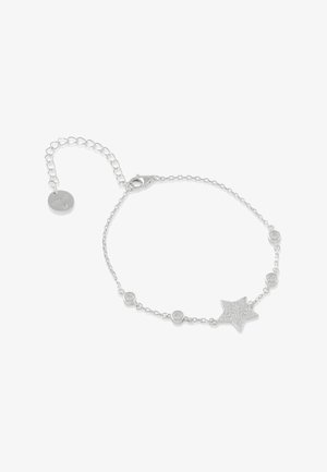 Bracelet en chaîne argentée avec de petits cristaux ronds et un pendentif en forme d'étoile incrusté de minuscules cristaux, doté d'un fermoir ajustable.